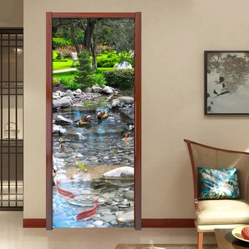 

Self Adhesive Door Sticker Home Decor Fish Duck Park Scenery Poster 3D Bedroom Environmental Protection Print Waterproof Artwork