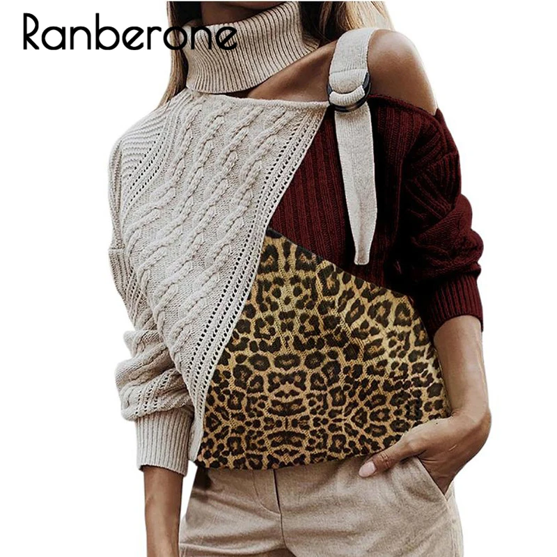 Ranberone Leopard Patchwork Turtleneck Sweater Women Sexy Off Shoulder Color Block Knitted Sweaters Batwing Long Sleeve Pullover Ranberone Leopard Patchwork Turtleneck Sweater Women Sexy Off Shoulder Color Block Knitted Sweaters Batwing Long Sleeve Pullover