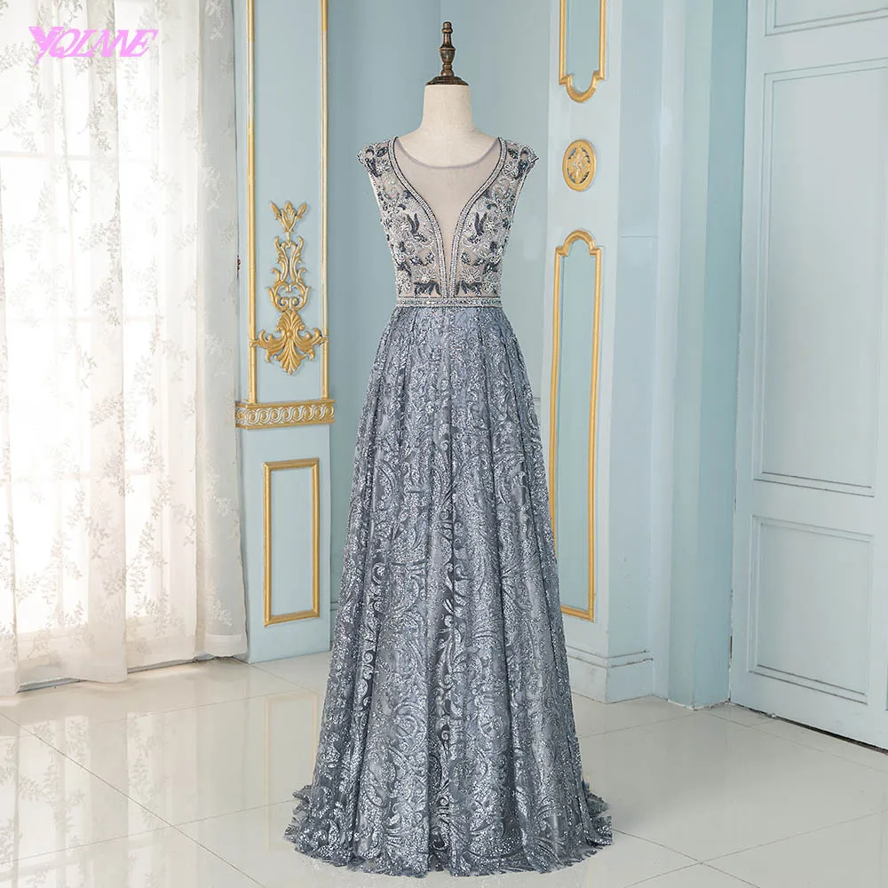 

YQLNNE Sexy Deep V Neck Evening Dresses Long Shiny Rhinestones Robe De Soiree Formal Evening Gowns