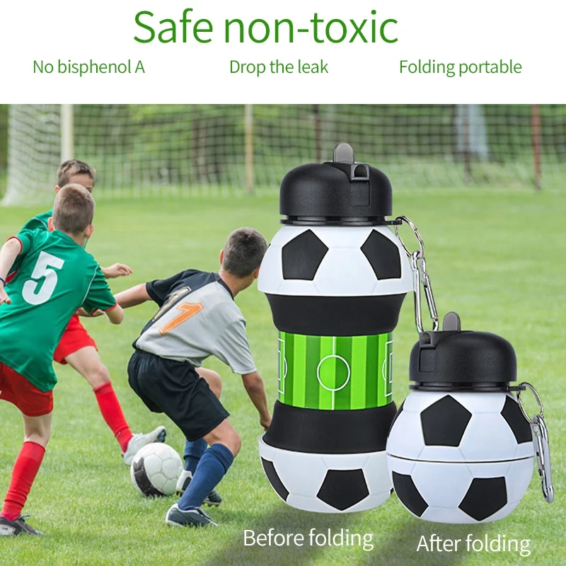 

Football Sports Water Bottle Foldable Travel Bottles with Silicone for Camping Hiking Sports
