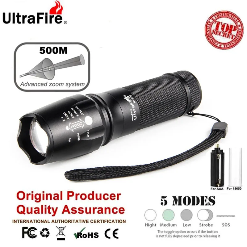 Оригинальный масштабируемый светодиодный фонарик UltraFire T6/L2 тактический фонарь