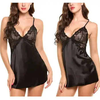 

Fashion Lace Gauze Sexy Nightwear Women Sleeveless Nightdress Strap V-neck Underwear Cross Plus Size F0B7