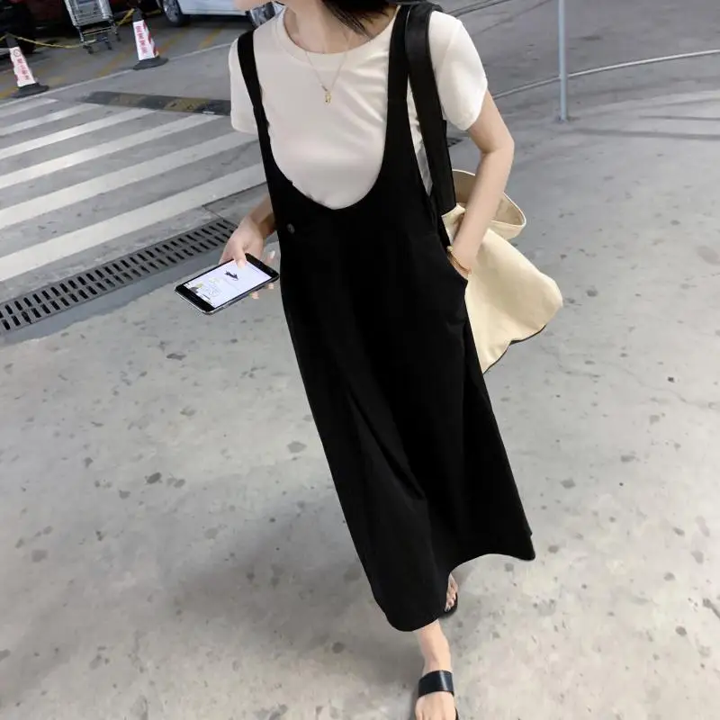 

Cotton One-Button Strap Dress Summer Wear for Women by Age Korean-style Loose-Fit Slimming Platycodon Grandiflorum Skirt Mid-len