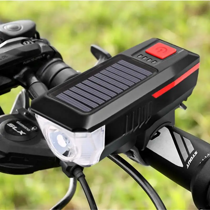 HOT!!! New Solar USB Rechargeable Double Charging Cycling Light Waterproof Bike Front Light + Horn Outdoor Bicycle Headlight