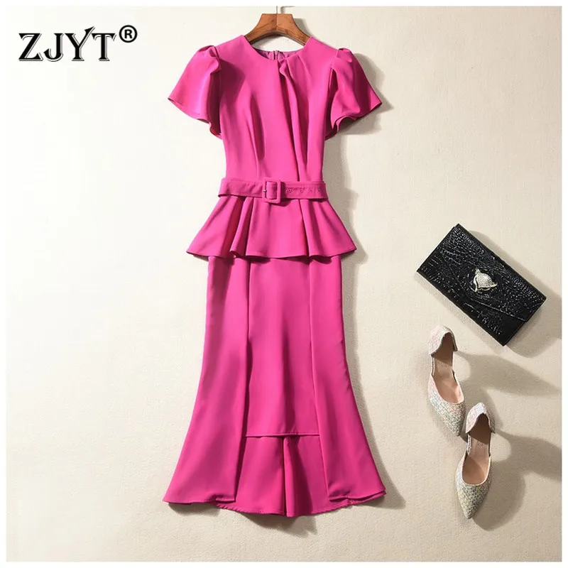 

High Quality Europe Fashion Runway Dress Women 2020 New Spring Summer Clothes Short Sleeve Ruffle Patchwork Office Party Dress