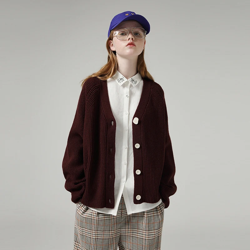 Toyouth Lazy style Женский свитер с длинным рукавом, свободный однотонный однобортный свитер с v-образным вырезом - Цвет: Фиолетовый