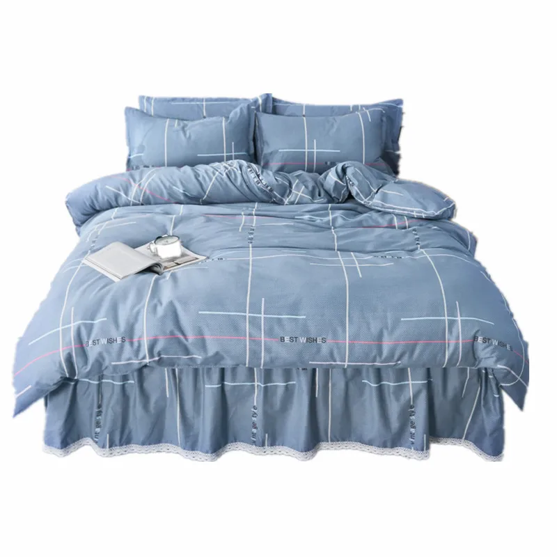 

Four-Piece Cotton Bed Set with Lace Bed Skirt Bedspread-Style Quilt Cover Pure Cotton Ruffles Comforter Set