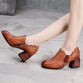 

VALLU Women Shoes Pumps 2019 Autumn New Casual Shoes Thick Heels Genuine Leather Square Head High Heel Shoes