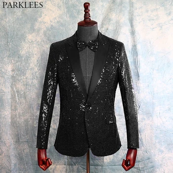 

Black Full Sequin Suit Jacket Men One Button Slim Fit Party Wedding Blazers Mens Wedding Party Stage Prom Blazer with Bowtie 3XL