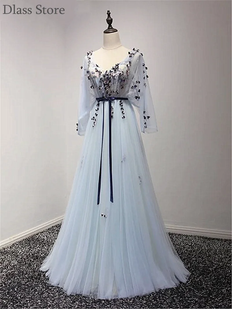 

Light Blue Prom Dresses V-neck Cap Three Quarter Sleeves Flowers A-line Floor Length Backless Evening Dress
