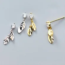 Fashion Golden Leaves 925 Solid Real Sterling Silver Crystal Stud Earrings Wholesale Luxury Jewelry Female For Women Girls