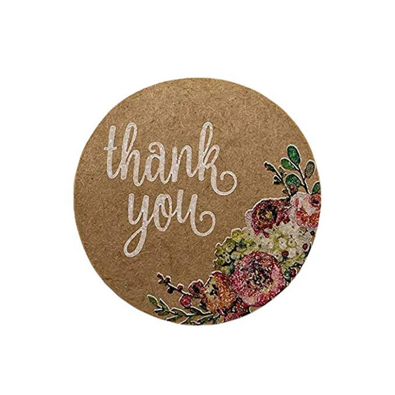 Kraft Floral Thank You Stickers- 1inch Circle Labels / 1000 Per Pack