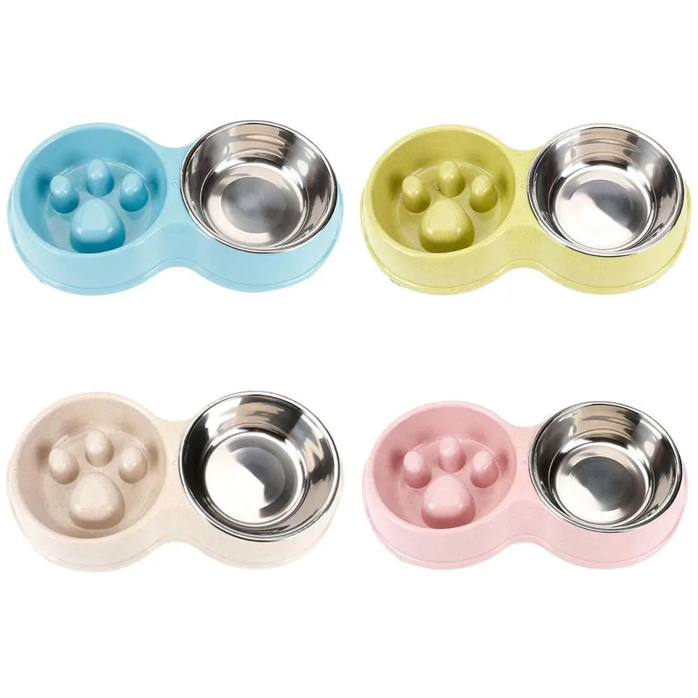 Cuenco alimentador antideslizante para perros y gatos, antideslizante, fácil de limpiar, de acero, antiasfixia lenta, portátil para mascotas Dou Y2N3
