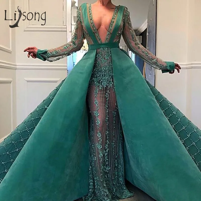

Abiye Emerald Green Flower Lace Mermaid Evening Dresses With Detachable Train 2019 Beaded Sexy Long Prom Gowns Full Sleeves