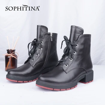 

SOPHITINA Casual Ankle Boots Women Genuine Leather Zipper Lace-Up Square Heel Non-slip Women's Boots Fashion Shoes Women C782