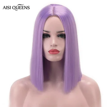 

AISI QUEENS Short Straight Synthetic Wig Purple Bob Wigs for Women Pink/Blonde Color Middle Part Nature Cosplay Hair
