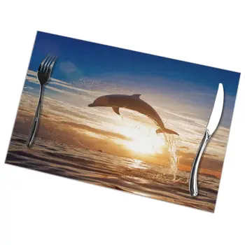 

6 Pcs Placemat Dolphin Leaping Jumping From Shining Sunset Sea Water Surface Fabric Table Mats Tableware Kitchen Tool Table Mats