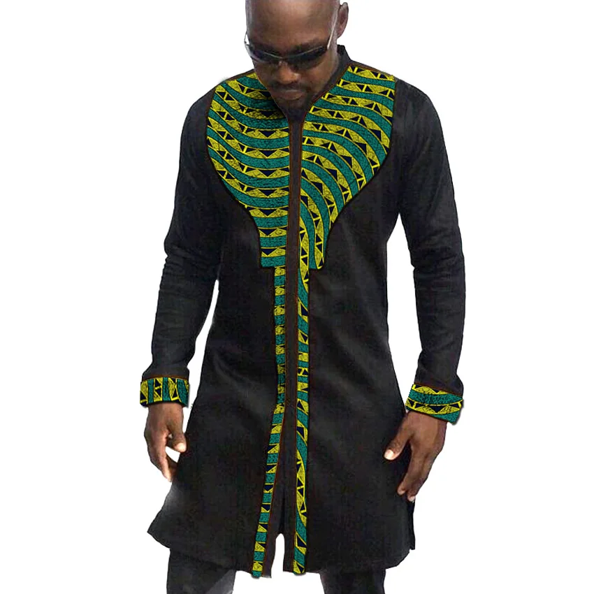 African men's long shirts black with print Ankara tops dashiki shirt men stand collar Ankara shirt wedding wear