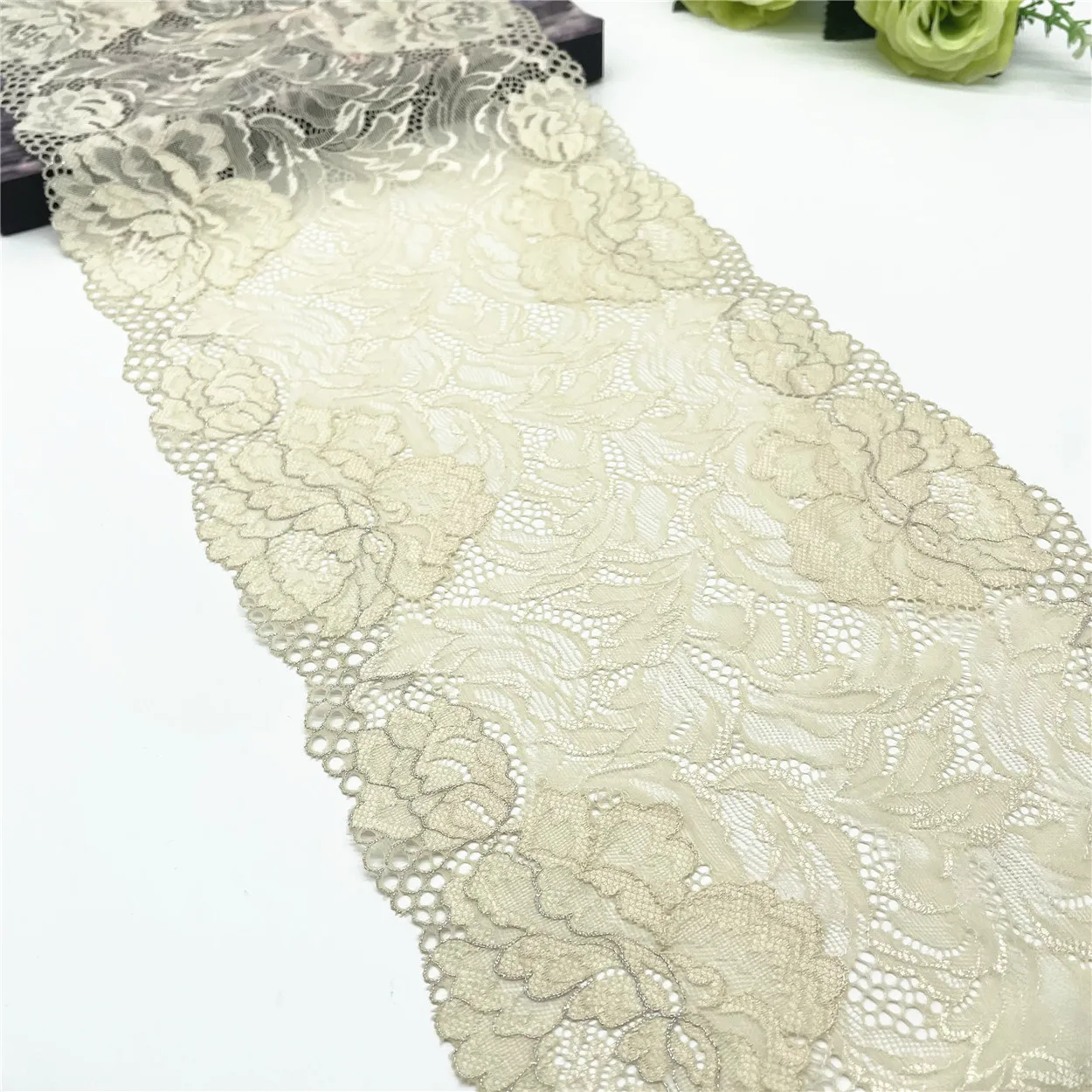 3y/lot Width 21cm Cream Silver Elastic Stretch Lace Trims Shiny Skirt Hem For Clothing Accessories Dress Sewing Applique Costume 1
