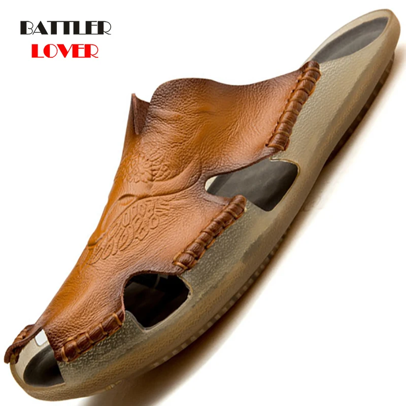 Size 38-48 Summer Slippers Men Hollow Out Breathable Beach Sandals Shoes Male Casual Flats Flip Flops Genuine Leather Footwear
