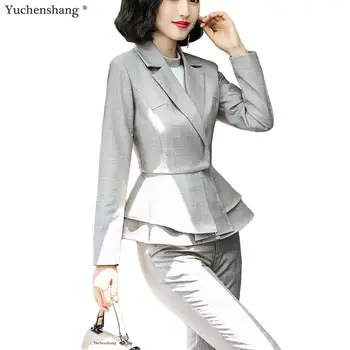 

High Quality Women Office Ladies Ruffle Blazer +Pants Suit Soft Fabric Elegant Women Two Piece Set Blazer Jacket suit