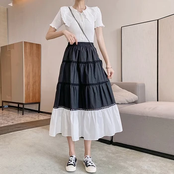 

Summer 2020 Long Skirt Hollow Out Spell Color High Waist Casual Pleated Skirts Womens Vintage Kawaii Chic Faldas Mujer