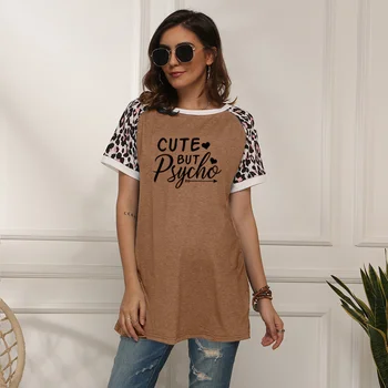

2020 Summer funny Women T-shirt Harajuku Letter CUTE BUT PSYCHO Print Top Shirt Casual Style Women Tshirt O-neck Leopard Sleeve