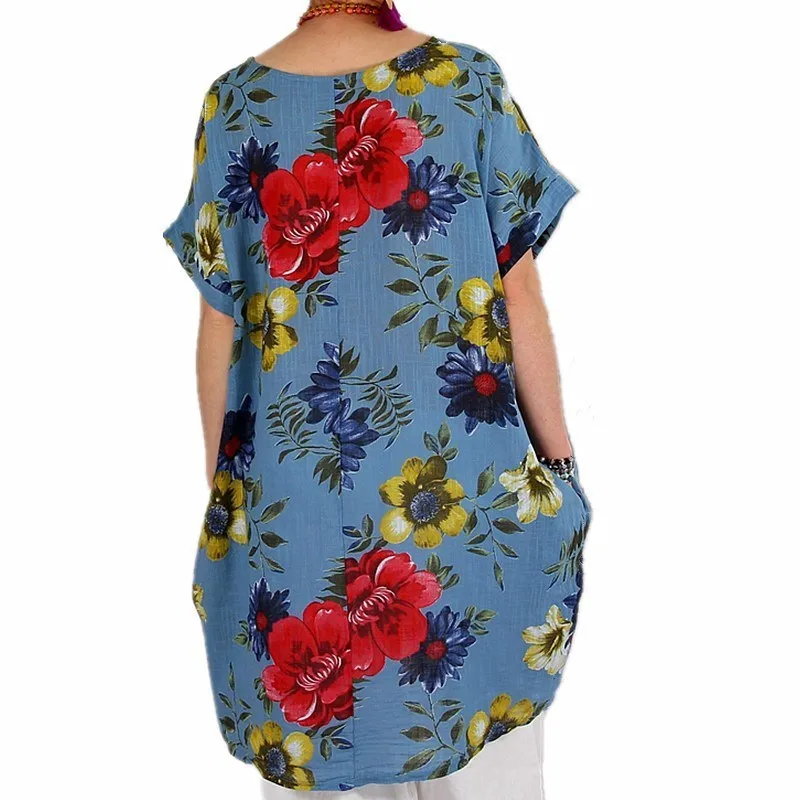 Мода 5Xl красивые летние женские блузки с принтом, короткий рукав размера плюс, свободные блузки с круглым вырезом, Длинные рубашки