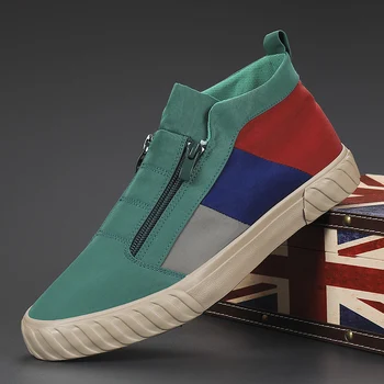 

Spring Green High-top Casual Sneakers Men Breathable Zip Men Canvas Shoes New Arrival Splicing Custom Shoes Zapatillas De Hombre