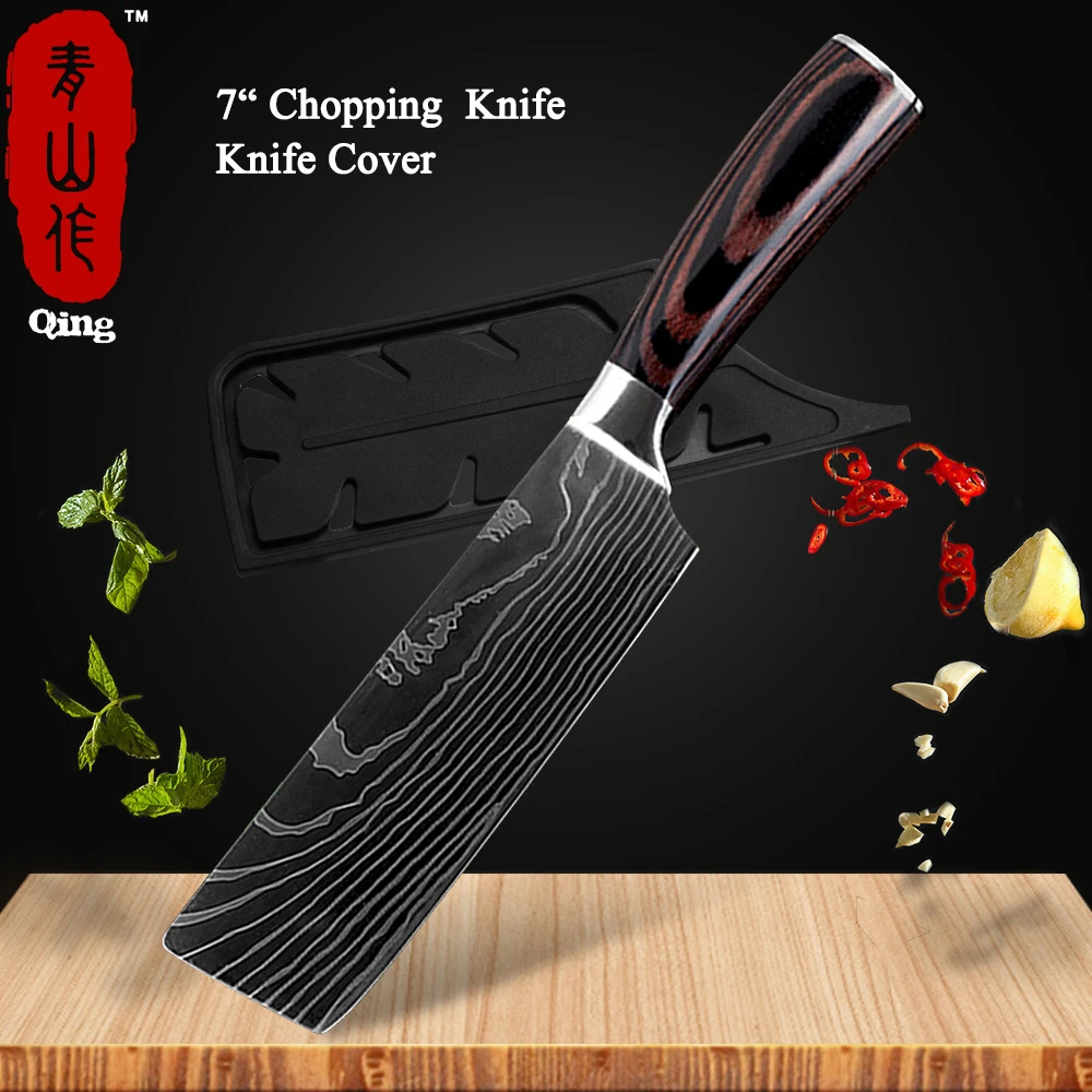 Бренд Qing 8 дюймов японские кухонные ножи лазерный дамасский нож шеф-повара острый нож Santoku Кливер нож для нарезки нож инструмент - Цвет: 7 inch Cleaver Knife