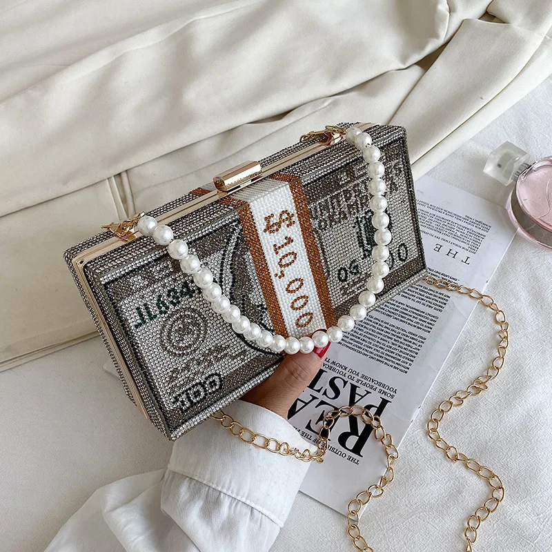 

Stack of Cash Crystals Women Money Evening Clutch Bags diamond painting chain Wedding Dinner Purses and Handbags luxury designer