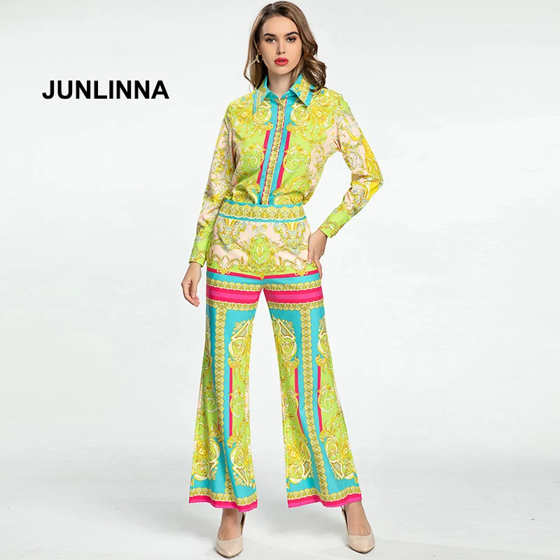 

JUNLINNA Women 2 Pieces Pants New Arrival Vintage Shirt+ Full-length Flare Pants Yellow Floral Print Elegant Wear Sets
