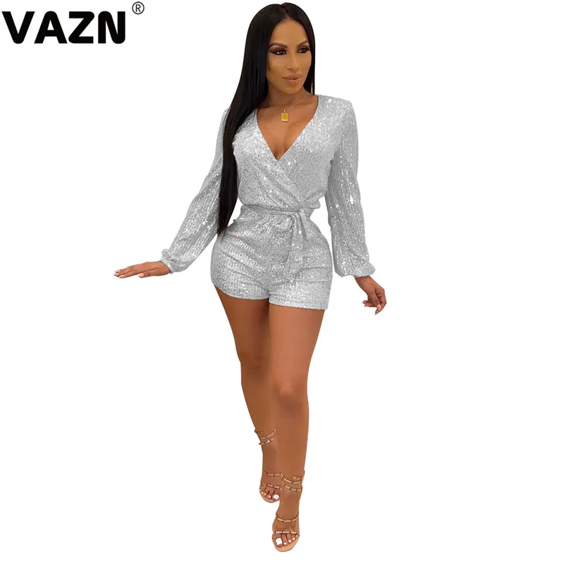 VAZN ME379 неопрятный тяжелый промышленный сексуальный клубный Модный женский комбинезон на шнуровке с глубоким v-образным вырезом и длинным рукавом с высокой талией - Цвет: Серебристый