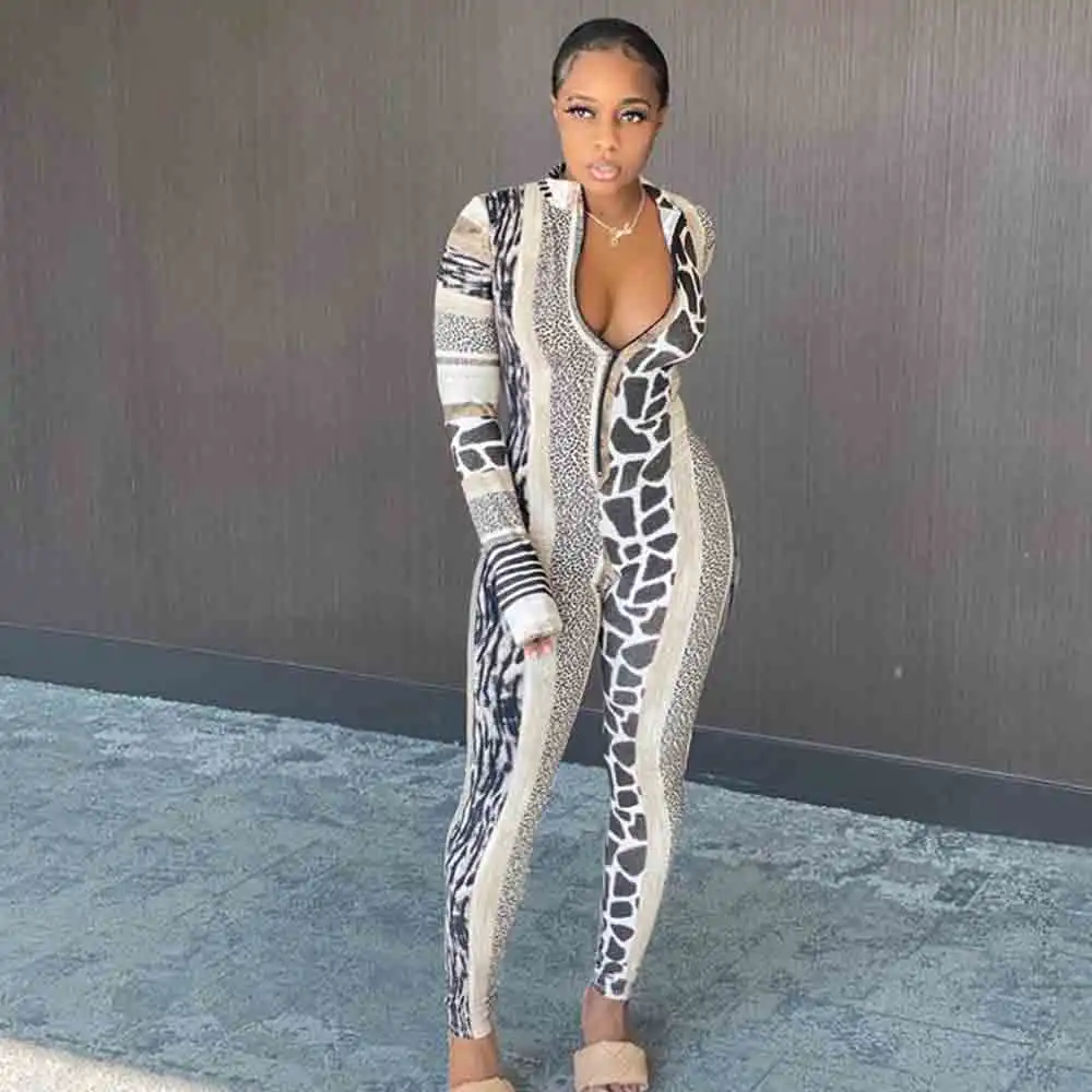 

Panelled Leopard Pattern Printed Zipper Jumpsuit Women Skinny Elastic Turtleneck Autumn Casual Street Style Female Outfits