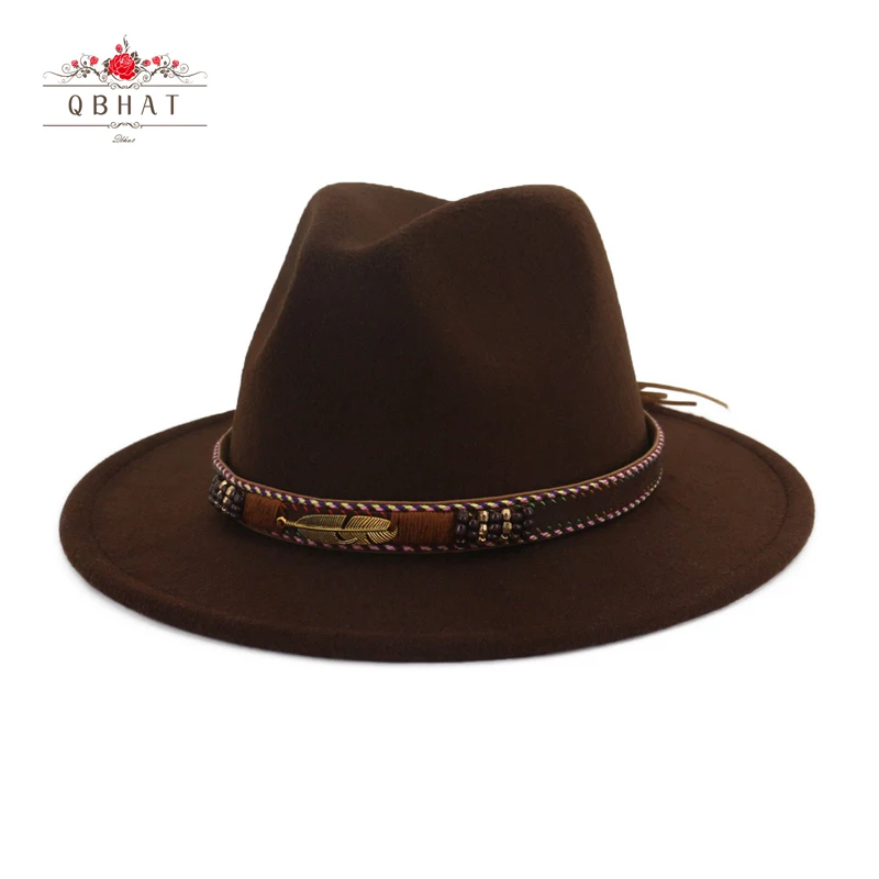 QBHAT Wide Brim Vintage Wool Felt Hats Women Panama Fedora Men Felt Jazz Hat Sombrero Chapeau Femme Gambler Trilby