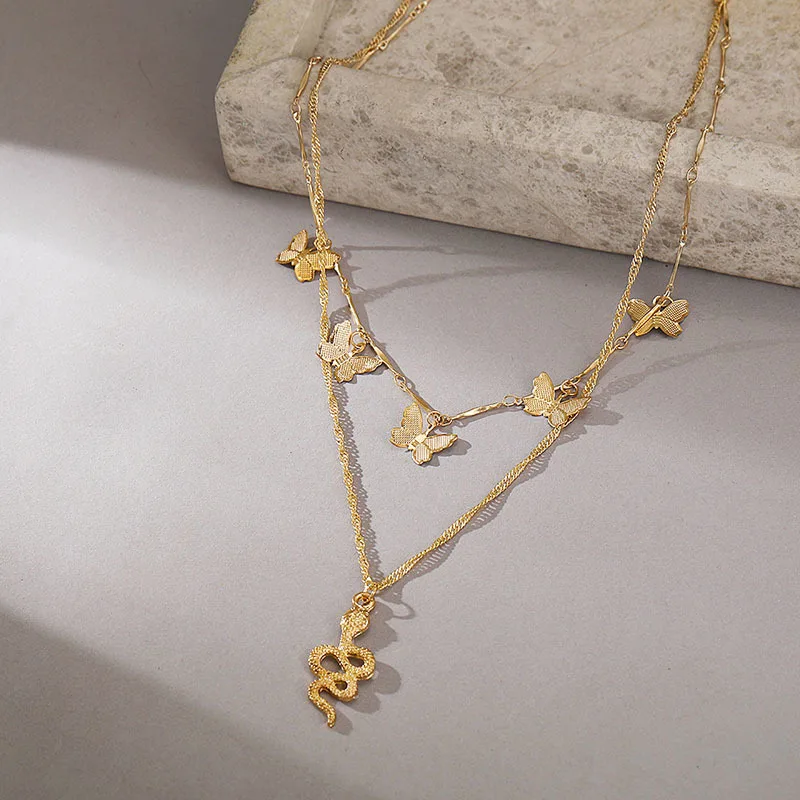 Fashion Gold Color Butterfly Geometric Snake Multi Layer Pendant Choker Necklaces For Women Trendy Punk Animal Necklace Jewelry | Украшения