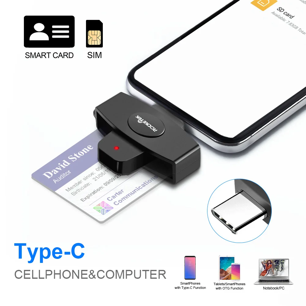 Rocketek-smart Card Reader Cscr3 Usb tipo c para o Banco Declaração Fiscal Sim Card ic Card id Card