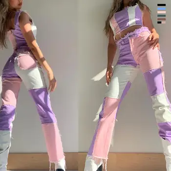 

Stylish Jeans Woman 2020 Elastic High Waist Skinny Denim Jeans Pants for Women Color Patchwork Straight Denim Pants Women Jeans
