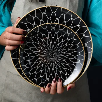 

1PC Tableware Phnom Penh Geometry Tableware 6/8/10 Inch Ceramic Dinner Plate Dish Porcelain Dessert Plate Dinnerware Cake Plate