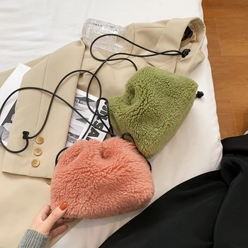 

Autumn Winter Soft Drawstring Crossbody Bag Women Plush Handbags Ladies Money Purse