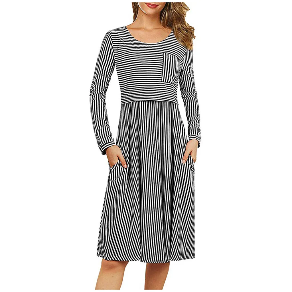 Women Pregnant Nusring Maternity Long Sleeve Print Floral O-neck Dress Print Striped Autumn Pregnancy Dress Daily Fashion