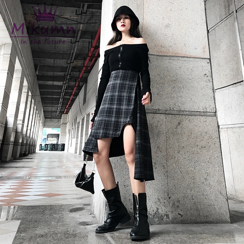 Стиль Осенняя Женская юбка Harajuku панк Высокая талия черная клетчатая нестандартная Юбка Готическая мода женские юбки