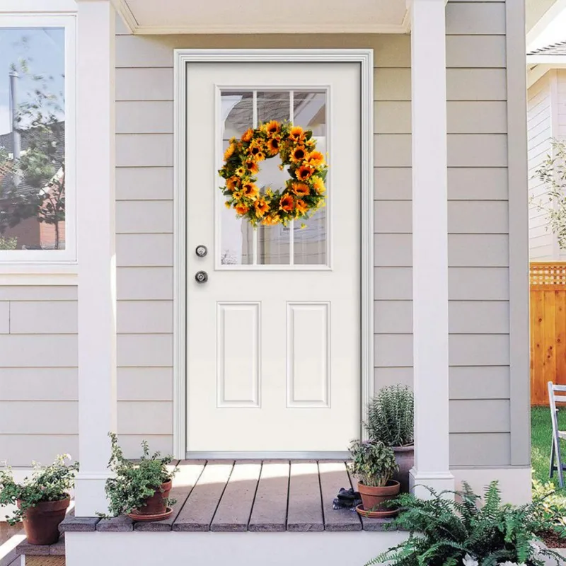 40 cm Artificial Sunflower Wreath Flower Wreath With Yellow Sunflower And Green Leaves Front Door Wall Window Wedding Decoration