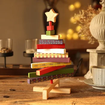 

Turning Striped Wooden Portable Christmas Tree Festival Office Colorful Desktop Ornament Home Decor DIY Living Room Bedroom