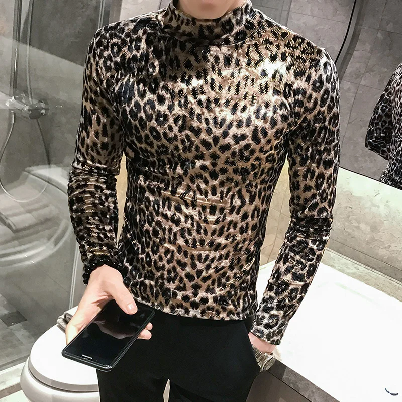 Повседневный Леопардовый пуловер с высоким воротом мужские бархатные футболки Мужская Осенняя стильная футболка с длинными рукавами фланелевые футболки велюровый наряд