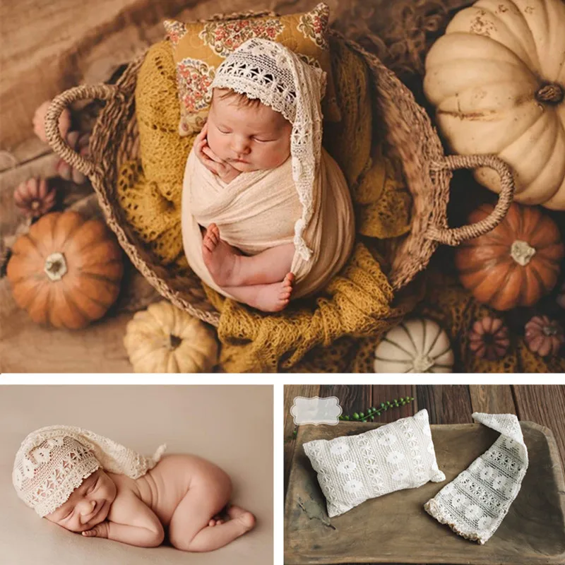 Newborn Photography Props Set Soft Lace Hat Pillow Baby Photoshoot Posing Cap No Elasticity Studio Fotografie Accessoires Girl newborn photography accessories country style christmas new year forest straw bunny hat set fotografie baby photo props girl boy