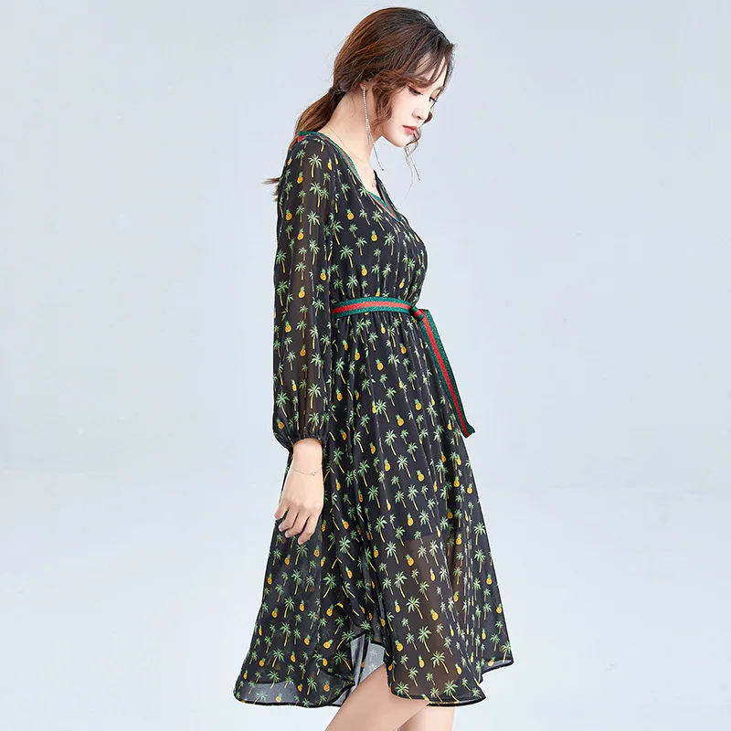 V-neck Floral Chiffon Long Dress Brand Women's 2019 Autumn New Slim Tie with Irregular Skirt