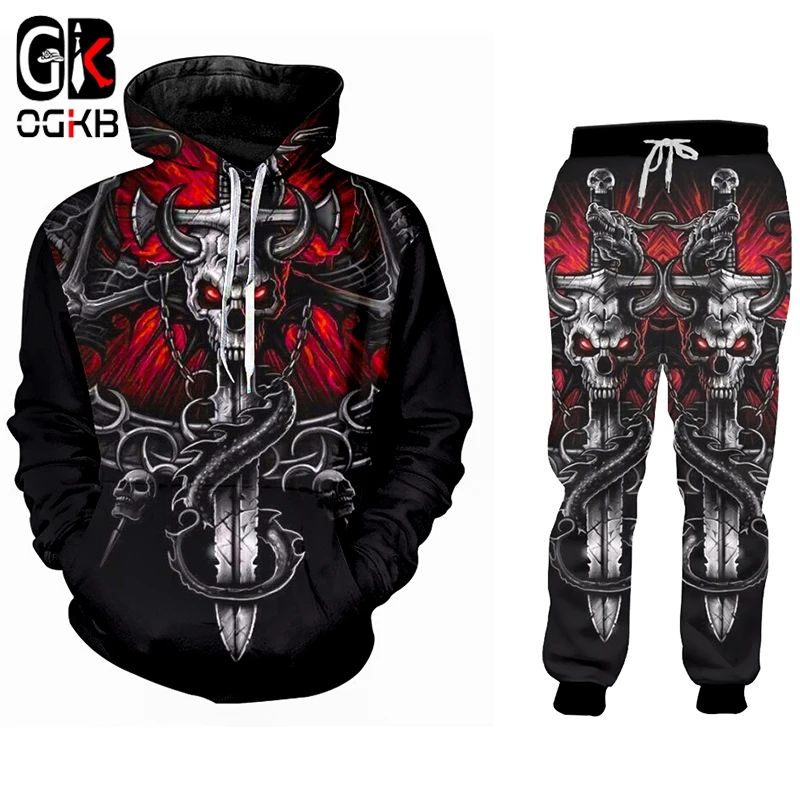 OGKB Men's Sets Hot Cool Cross Skull 3D Print Hoodies And Jogging Pants Set High Quality Streetwear Trendy Sets Oversized