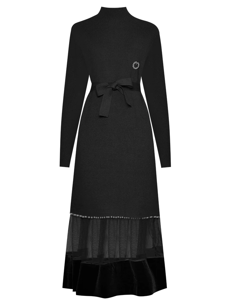 SEQINYY, вязаное платье, Осень-зима, модный дизайн, длинный рукав, расшитое бисером, Сетчатое платье миди - Цвет: Черный