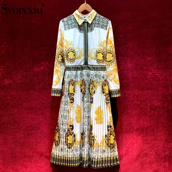 

Svoryxiu Autumn Winter Runway Vintage Pleated Dress Women's High Quality Long Sleeve Angel Printed Midi Female Dress Vestdios